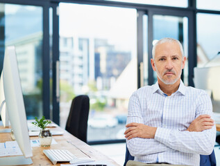 Aufkleber - Mature man, confident and portrait in office, serious CEO and hr manager for recruitment. Male person, entrepreneur and proud of startup company or agency, arms crossed and assertive employee at desk