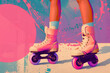 Close up of roller skates against colorful background with paint splashes