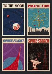 Wall Mural - Retro Space Posters Style Illustrations. Planets, Earth, Moon, Rocket Launch, Radio Telescope, Atom, Nuclear Power Plant. 1960s Colors, Aged Texture Pattern
