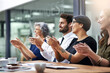 Business, people and clapping hands for success in office with group for achievement of team for celebration of partnership. Corporate, man and woman in meeting for goal of project growth or deal
