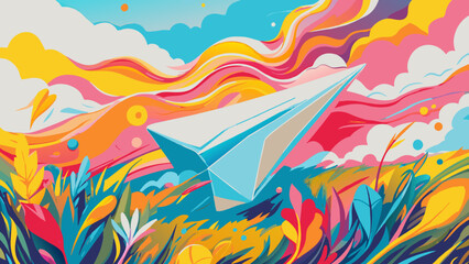 Vibrant Paper Airplane Soaring Over Colorful Fantasy Landscape