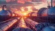 Sunset behind large industrial pipelines