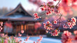 Traditional Japanese house with cherry blossoms