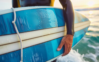 A man is holding a surfboard in the ocean. The surfboard is blue and white. The man is wearing a wetsuit