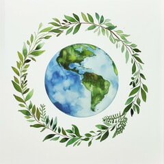 Wall Mural - Earth Green Eco, laurel leaves around the Earth, cloudy hand painting Watercolor Style Illustration