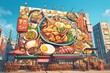 A colorful billboard for a food festival, displaying mouthwatering food images and enticing visitors to attend