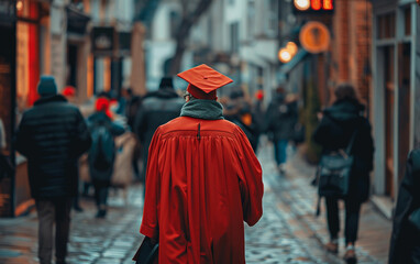 A graduate wearing a red robe walks down a street with other people. Concept of accomplishment and pride as the graduate makes their way through the city
