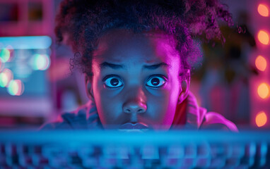 A young girl is staring at a computer screen with a surprised expression on her face. The room is dimly lit, and there are several other people in the background. The girl is wearing a hoodie
