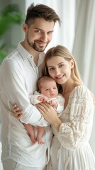 Wall Mural - Portrait of young happy man and woman holding newborn cute babe dressed in white unisex clothing, Generative AI