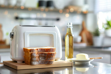 Wall Mural - A white toaster with a defrost function, thawing frozen bread before toasting.