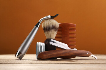 Wall Mural - Moustache and beard styling tools on wooden table