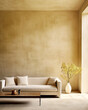 Beige sofa against yellow stucco mock up wall with copy space. Loft interior design of modern living room, home background.