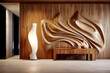 Wooden console table near 3d wood paneling carving wall. Minimalist interior design of modern home entryway, hall.