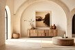 Boho, mediterranean interior design of modern home entryway, hall with arched walls.