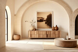 Fototapeta  - Boho, mediterranean interior design of modern home entryway, hall with arched walls.