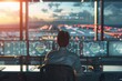 Air traffic controller in a busy airport tower, overseeing aircraft movements on radar screens during peak hours