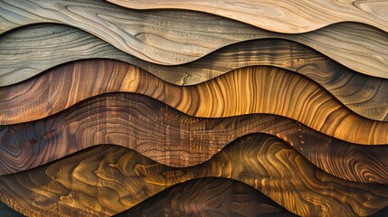 Wall Mural - Wood art background illustration - Abstract closeup of detailed organic black brown wooden waving waves wall texture banner wall, overlapping layers
