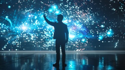 Wall Mural - a man is standing in front of a large screen that is filled with stars