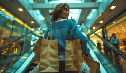 Poster - Young woman is shopping in the mall