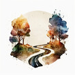 Watercolor painting in circular frame winding road through trees, rich, vibrant colors