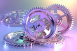 Holographic iridescent metallic gears and cogs, soft neon gradient pastel background