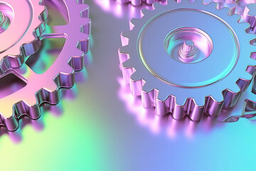 Holographic iridescent metallic gears and cogs, soft neon gradient pastel background