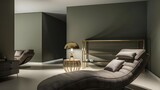 Fototapeta Kwiaty - Modern luxury interiors designs. Empty painted wall.dark accent furniture and blank background.Bedroom interior trend 2024 year Modern luxury apricot room interior home designs