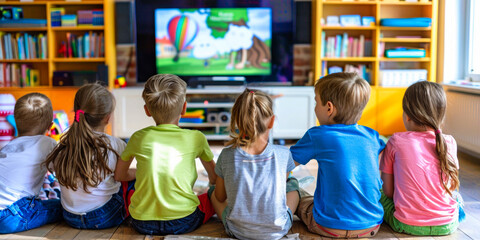 five kids sitting on floor watching a cartoon on television in a colorful room with bookshelves.