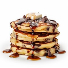 Wall Mural - delicious fluffy chocolate chip pancakes with the topping of butter and sugar syrup isolated on white background easy cut out PNG