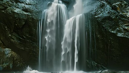 Poster - An awe-inspiring view of a magnificent waterfall, where water gracefully flows down the sides, A gentle waterfall forming a heart shape as it cascades