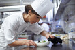 Woman, chef and food in fine dining restaurant for cooking, hospitality and meal in kitchen. Female person, cook and professional service in hotel for dinner, nutrition and preparation in resort