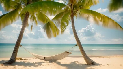 Sticker - Experience pure bliss as you rest on a hammock suspended between two palm trees on a beautiful beach, A hammock strung between two palm trees on a deserted island