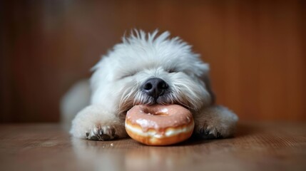 the joyous moment of a Old English Sheepdog Dog eat doughnut in special shot photography