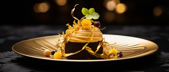 Wall Mural - Gold leaf dessert topping on a gourmet dish in a high-end restaurant setting,