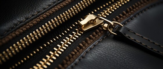 Detailed shot of a gold zipper on a luxury leather bag, focusing on craftsmanship,