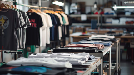 Heat Transfer T Shirt Printing. Tshirt Merchandise. printing prints on T-shirts. Chic printing gear in a print business depicting an array of t-shirts depicted over the printshop facility 