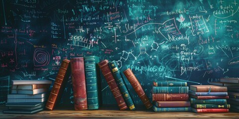 Stacked books on wood with ample copyspace on blackboard adorned with white chalk formulas.