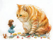 A Little Girl Offers a Straw to Her Gigantic Pet Cat in a Whimsical Encounter