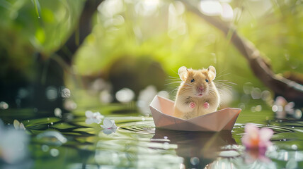 Wall Mural - Funny hamster float down the river on a paper boat spring time, a humorous background image of the captain's mouse