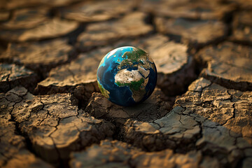 planet earth on the cracked ground. global warming and climate change concept