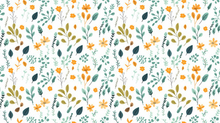 Wall Mural - A seamless pattern of hand-drawn leaves and flowers in muted colors.