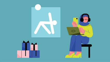 Wall Mural - stylish young woman working on laptop computer and showing mobile phone. trendy girl using digital d