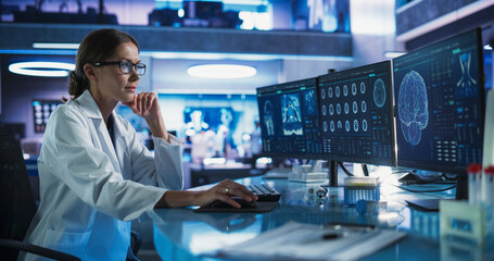 Poster - Caucasian Female Neuroscientist Using Desktop Computer To Analyze MRI Scans Of Human Brain In Busy Research Center Laboratory. Proffesional Doctor Finding Solutions for Brain Damage, Cancer Treatment.