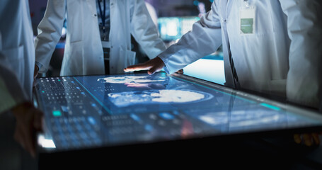 Poster - Hospital Medical Research Center: Focus On Hand Gestures Of Diverse Colleagues Gathered Around Interactive Touch Screen Table With MRI Scans Of Brain On Display. Doctors Looking For Alzheimer's Cure.