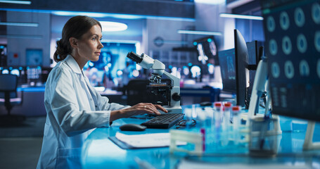 Poster - Medicine Development Laboratory: Caucasian Female Scientist Using Microscope, Analyzes Petri Dish Sample. Pharmaceutical Lab with Specialists Conducting Biotechnology Research, Developing New Drugs.