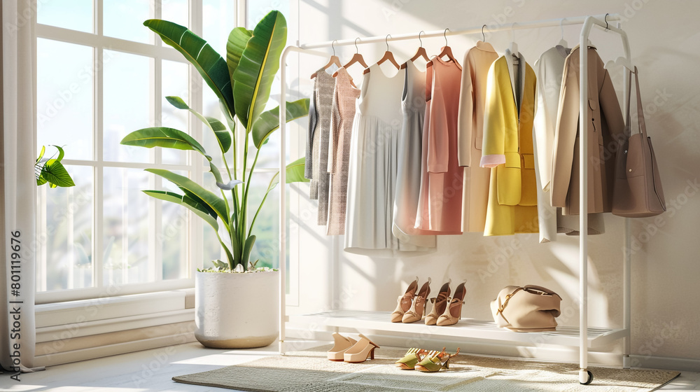 Simple Room with Clothes Rack and Plants Stock Photo | Adobe Stock