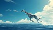 A giraffe wearing a shirt outfit flying across the ocean, photography, 