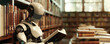 Robot AI learning, reading a book in library setting