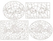 A set of contour illustrations of stained glass Windows with fishes , dark contours on a white background