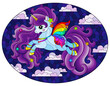 Stained glass illustration with a cute cartoon unicorn on a cloudy sky background